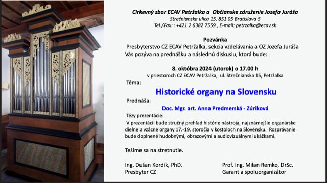 Pozvánka na prednášku Historické organy na Slovensku